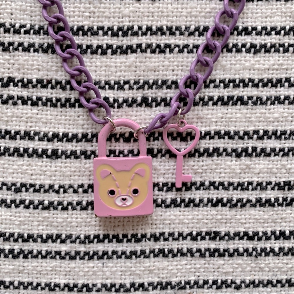 CUTE Pink and Purple necklace with teddy bear padlock and heart shaped key!